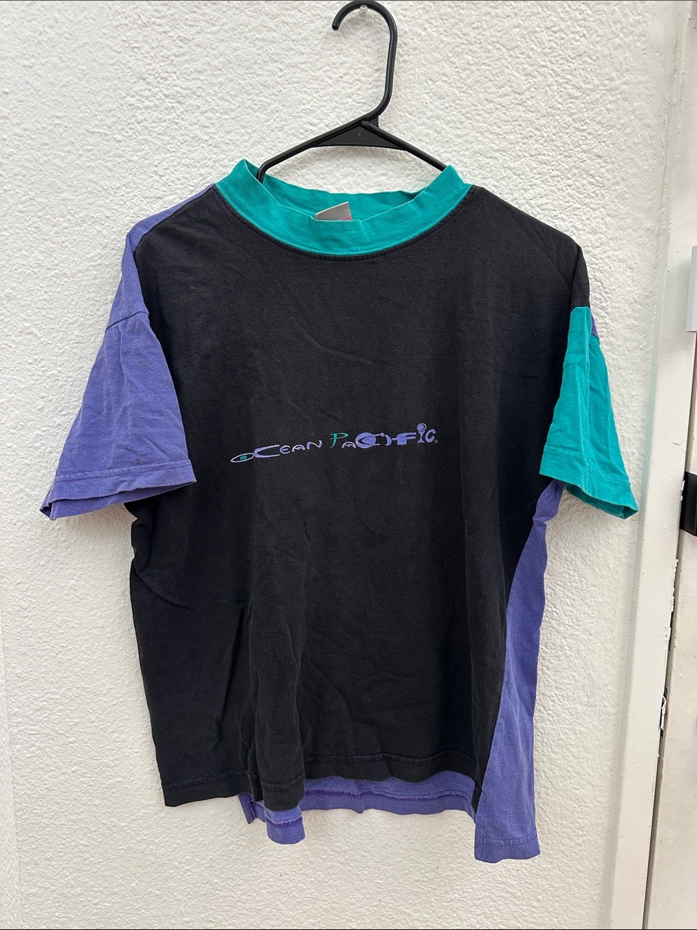 OP Black Colorblock Tee with Teal and Purple Accents